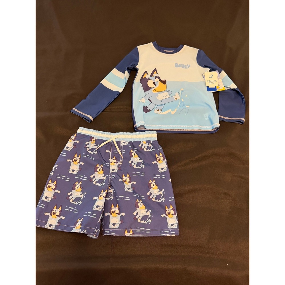 Bluey Boys 2 Piece Swim Set Rash Guard and Trunks Blue UPF 50+ Size 6/7 NWT